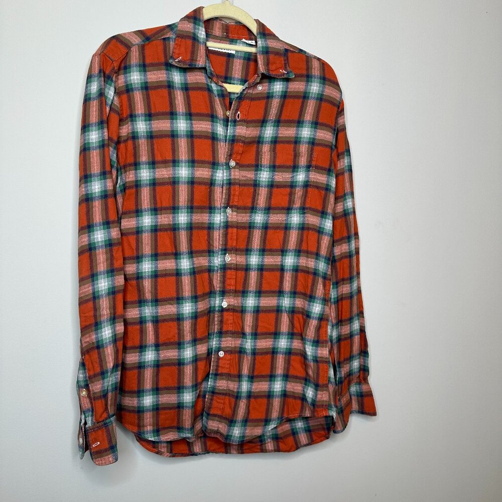 Gustin Orange Plaid Flannel Button Down Shirt Men's Medium Tall